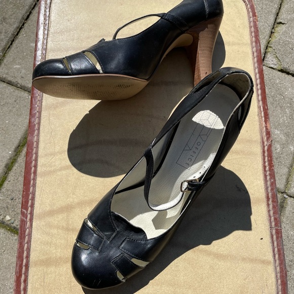 Office Black Leather and Tan Strap Heels - Picture 2 of 4